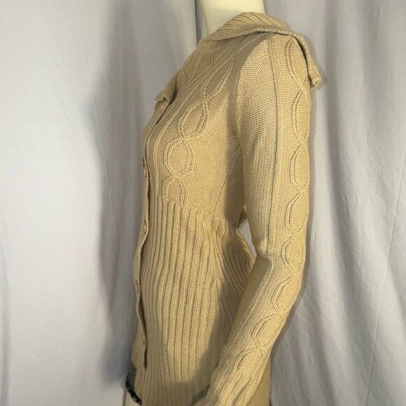 Vintage Derek Heart Camel Cable-Knit Sweater Coat | Longline Button-Up Cardigan - Picture 9 of 13